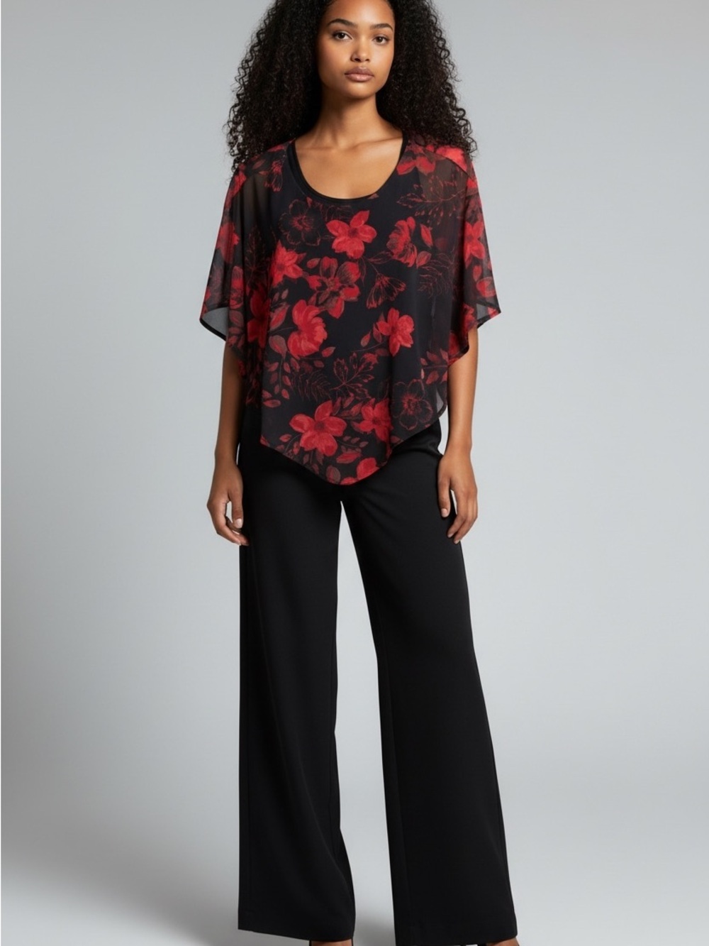 Laura Petite Black Tank Top with Red Floral Overlay, Stretch